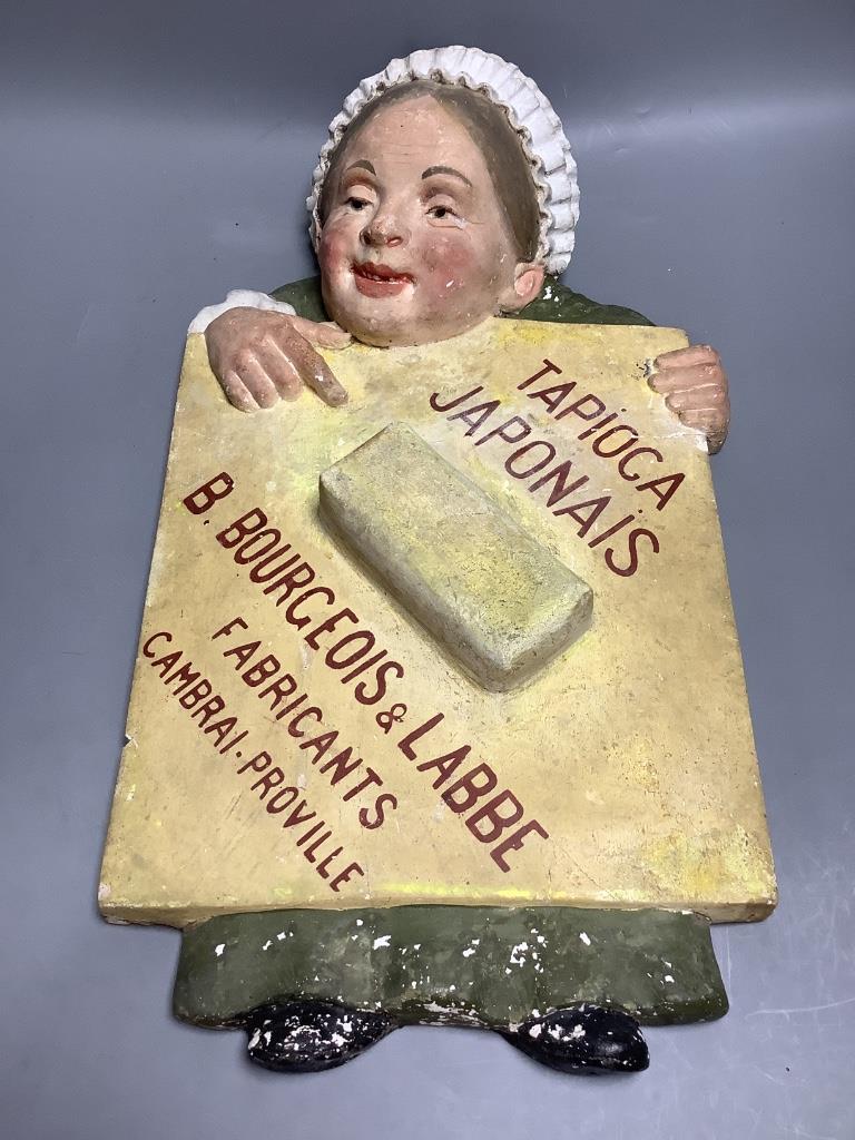 A French painted plaster advertising plaque for tapioca, height 50cm